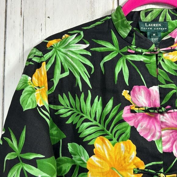 Lauren Ralph Lauren Tropical Floral Linen Mandarin Jacket Hibiscus Resort Boho - Picture 3 of 14